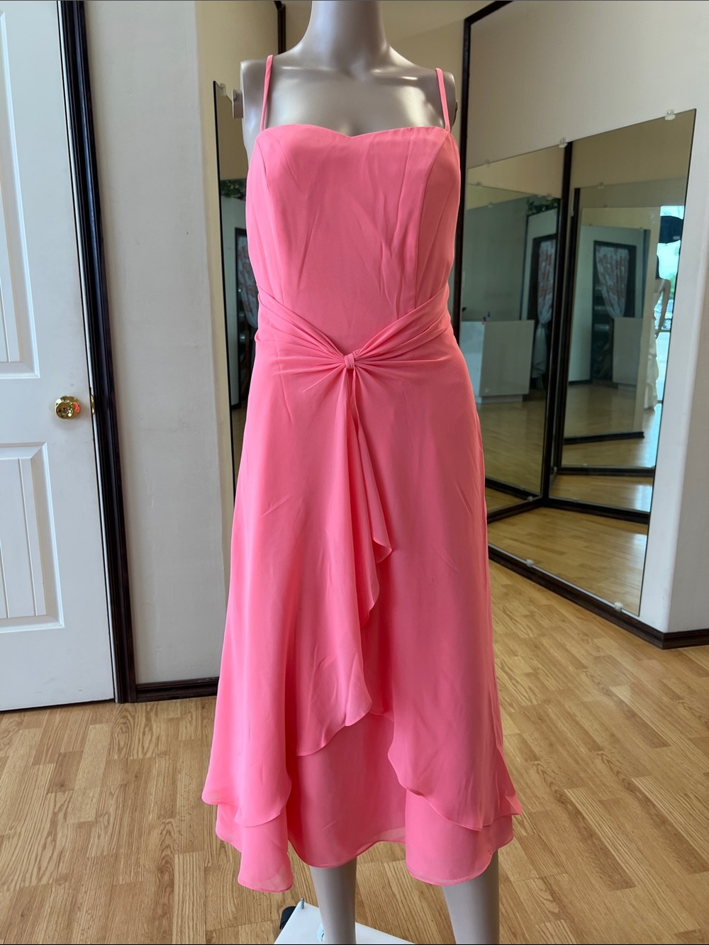 Val Stefani Bridesmaid Elegant Pink Spaghetti Strap Chiffon Midi Dress Sz 10